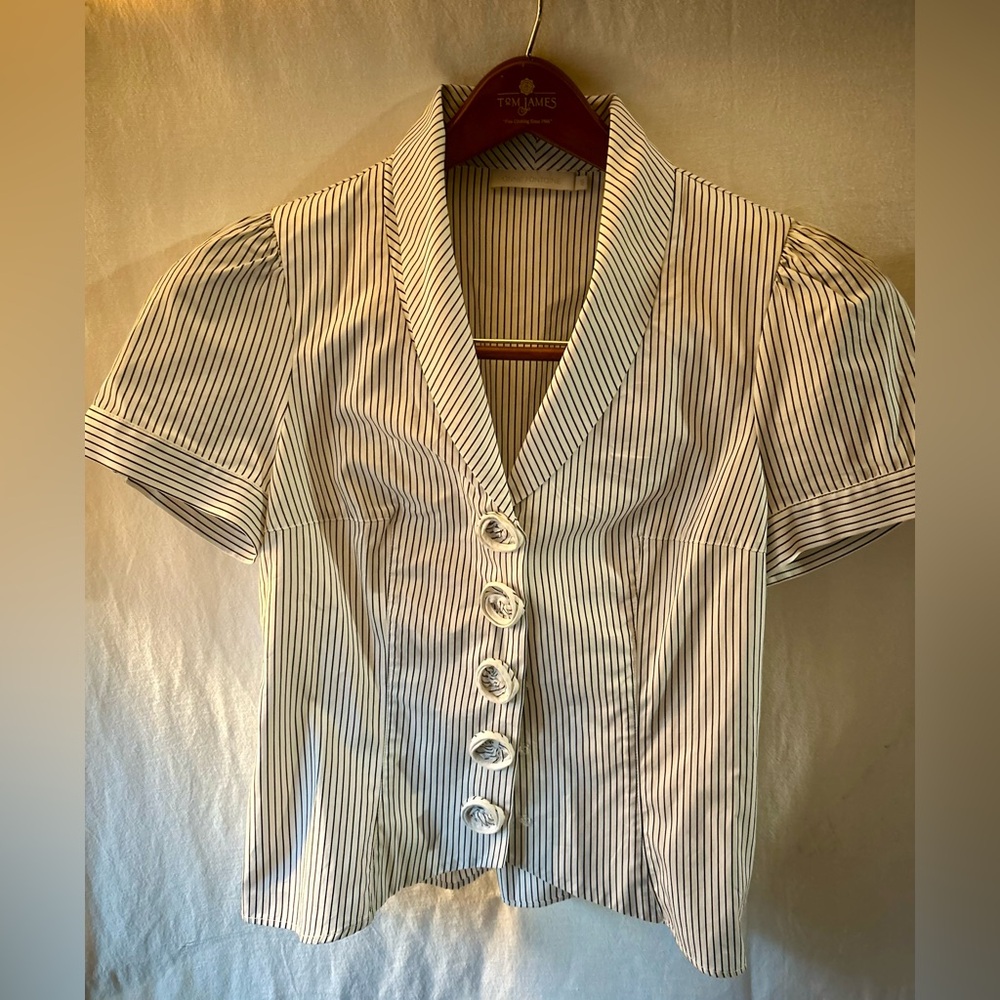 Anne Fontaine Asheley Pinstripe Black White Pima Cotton Striped Blouse 44 US 12